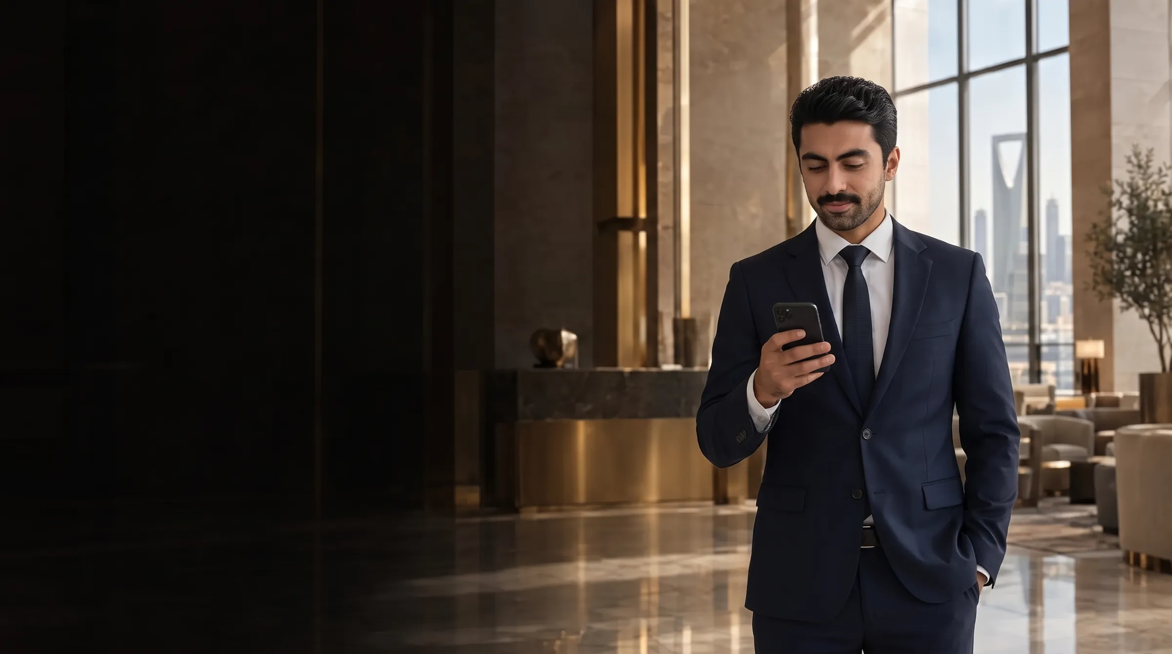 A customer reading a message on his phone in an office lobby